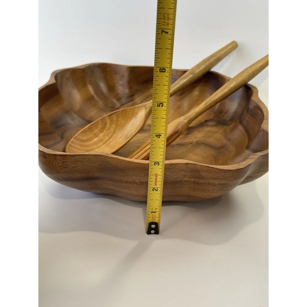 Vintage Monkey Pod Hand Carved Wooden Acacia Salad Bowl Set Serving Utensils